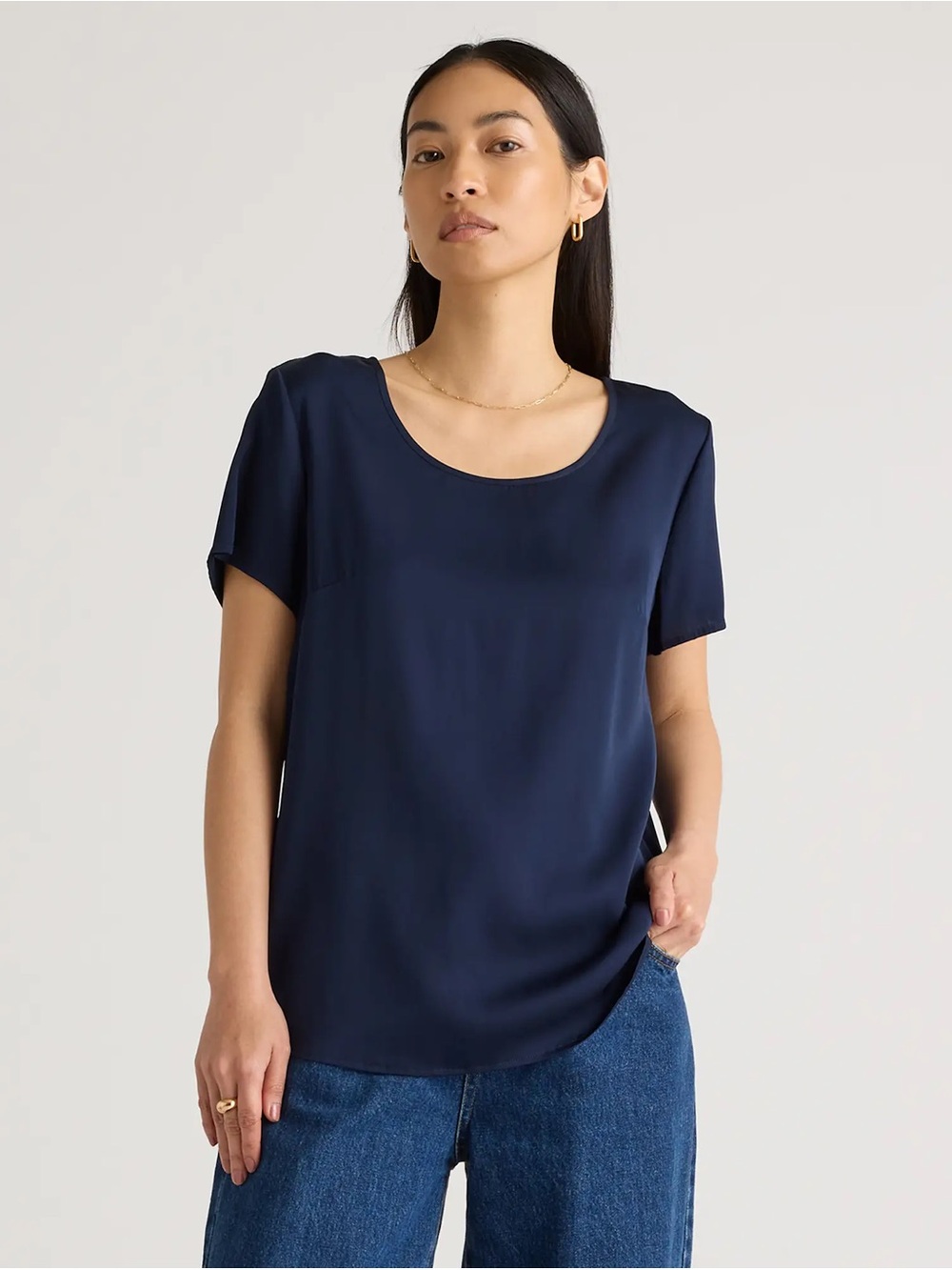 Quince Washable Stretch Silk Tee Navy, M